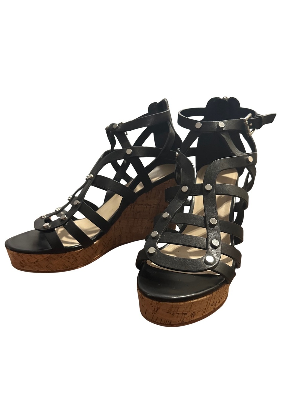 Marc Fisher Black Studded Cork Wedge Strappy Gladiator Fisherman Sandals 7.5M
